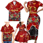 Personalized Gold Coast Suns Family Matching Short Sleeve Bodycon Dress and Hawaiian Shirt Aboriginal Dot Painting Graffiti Style