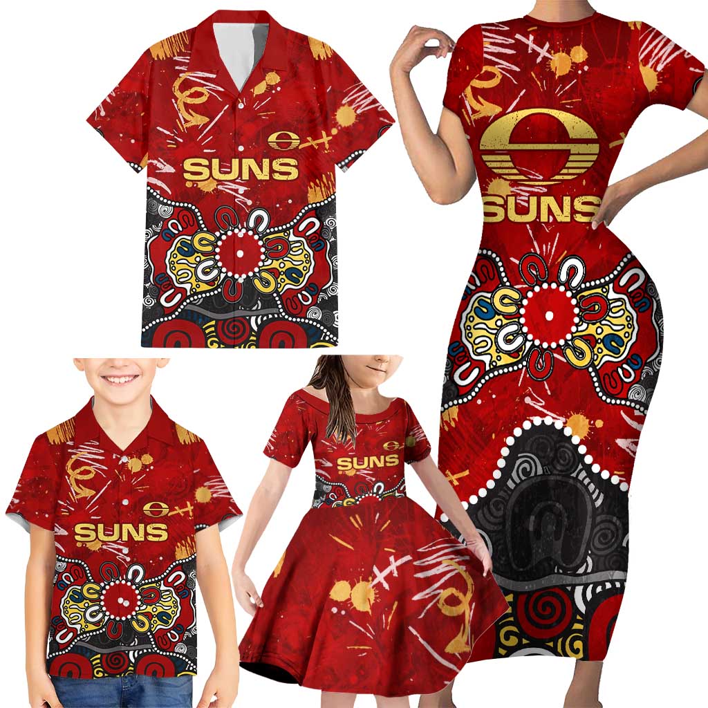 Personalized Gold Coast Suns Family Matching Short Sleeve Bodycon Dress and Hawaiian Shirt Aboriginal Dot Painting Graffiti Style