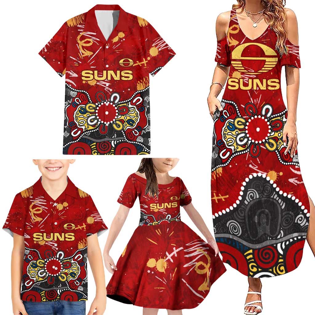 Personalized Gold Coast Suns Family Matching Summer Maxi Dress and Hawaiian Shirt Aboriginal Dot Painting Graffiti Style
