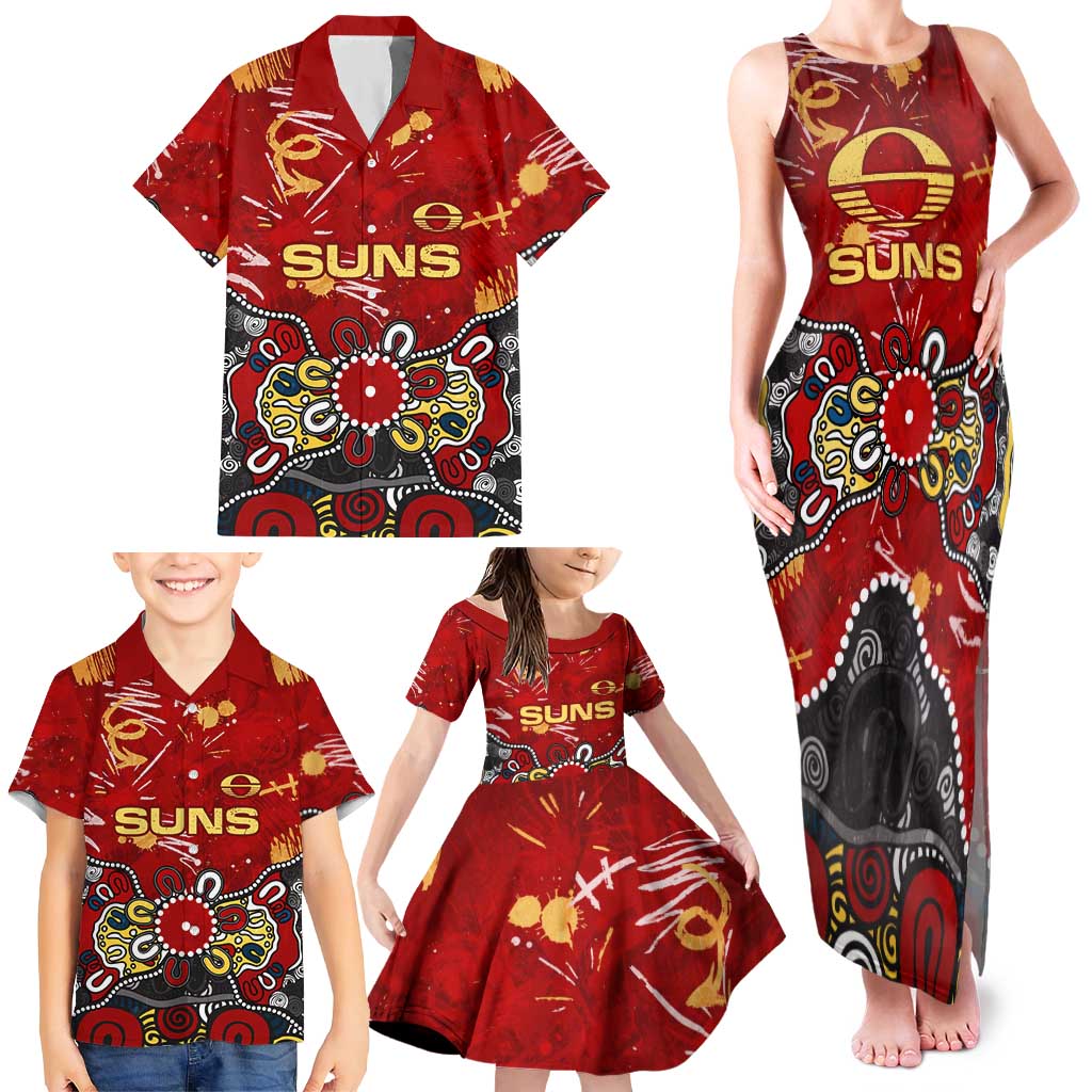 Personalized Gold Coast Suns Family Matching Tank Maxi Dress and Hawaiian Shirt Aboriginal Dot Painting Graffiti Style