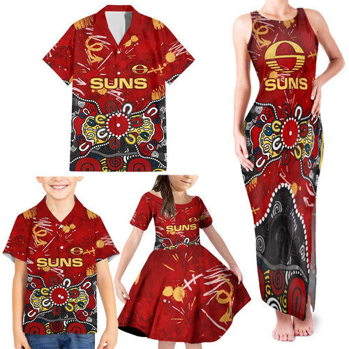 Personalized Gold Coast Suns Family Matching Tank Maxi Dress and Hawaiian Shirt Aboriginal Dot Painting Graffiti Style