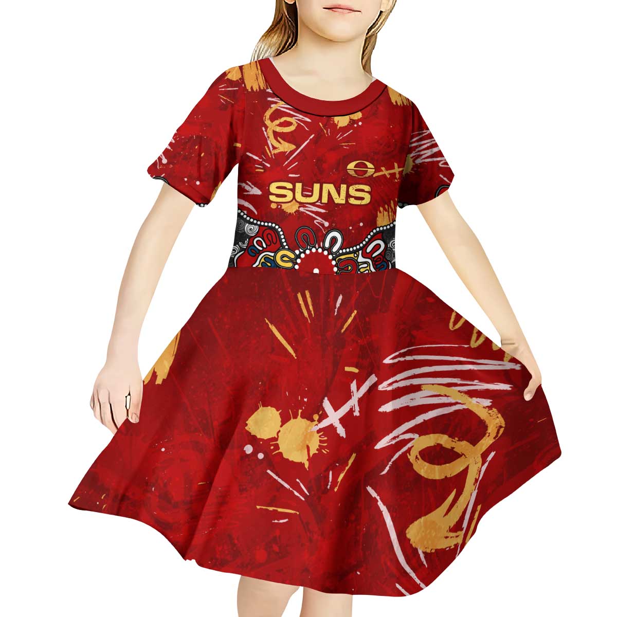 Personalized Gold Coast Suns Kid Short Sleeve Dress Aboriginal Dot Painting Graffiti Style