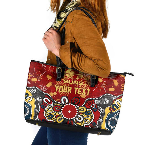 Personalized Gold Coast Suns Leather Tote Bag Aboriginal Dot Painting Graffiti Style