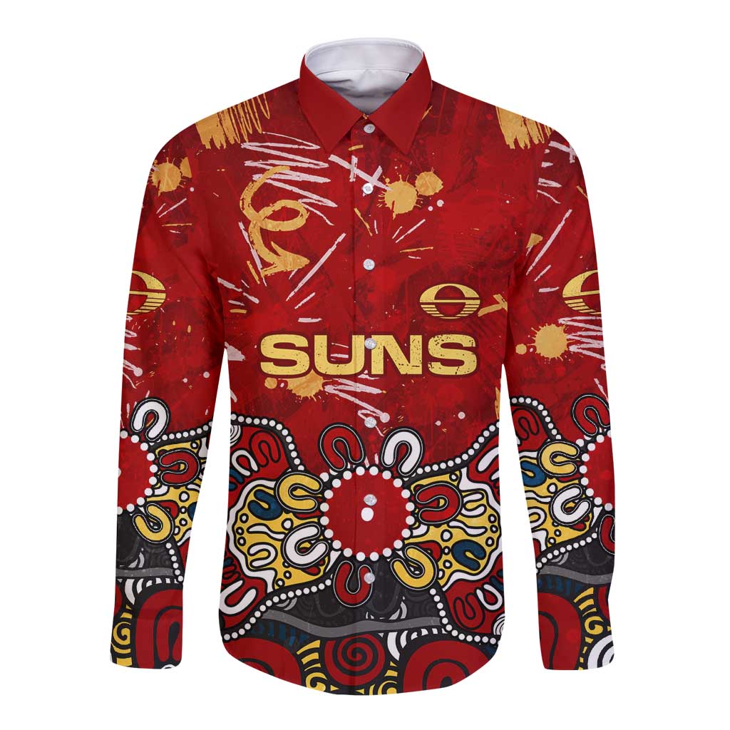 Personalized Gold Coast Suns Long Sleeve Button Shirt Aboriginal Dot Painting Graffiti Style