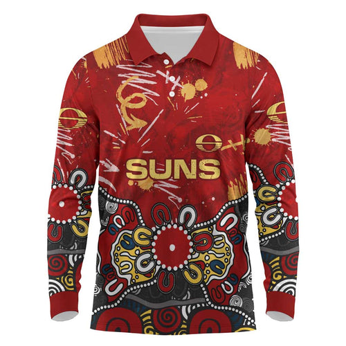 Personalized Gold Coast Suns Long Sleeve Polo Shirt Aboriginal Dot Painting Graffiti Style