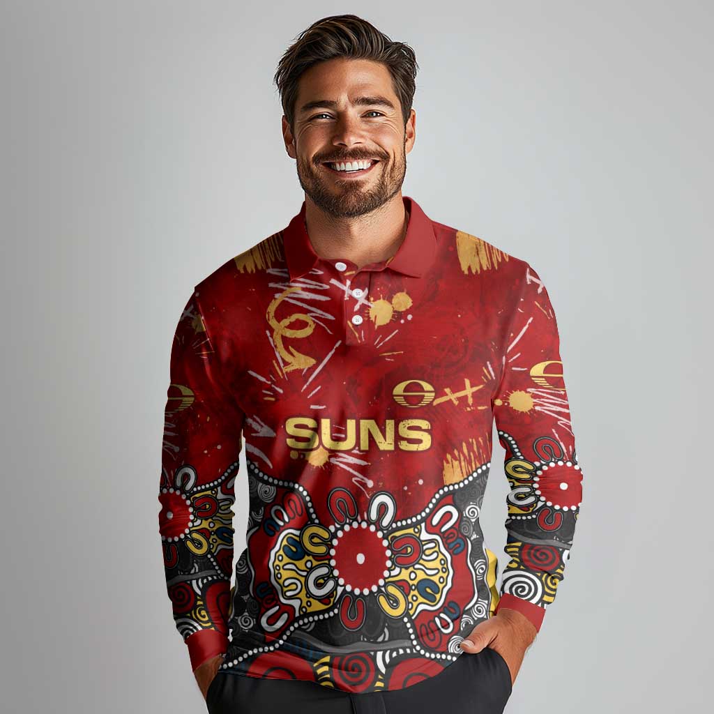 Personalized Gold Coast Suns Long Sleeve Polo Shirt Aboriginal Dot Painting Graffiti Style