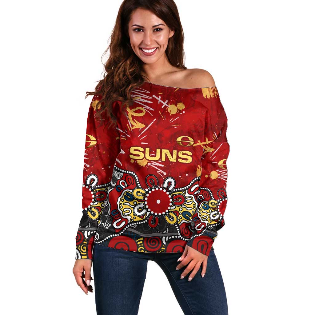 Personalized Gold Coast Suns Off Shoulder Sweater Aboriginal Dot Painting Graffiti Style