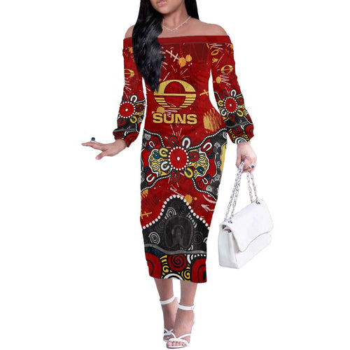Personalized Gold Coast Suns Off The Shoulder Long Sleeve Dress Aboriginal Dot Painting Graffiti Style