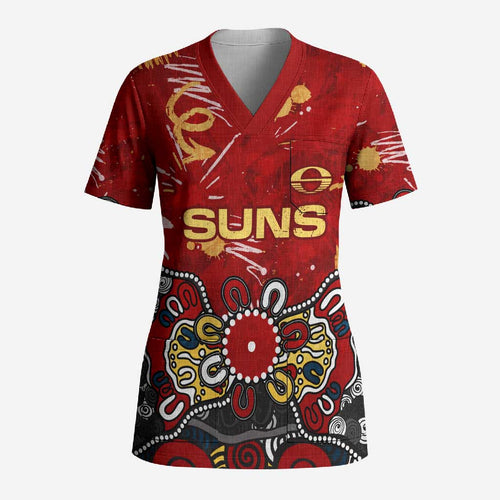 Personalized Gold Coast Suns Scrub Top Aboriginal Dot Painting Graffiti Style