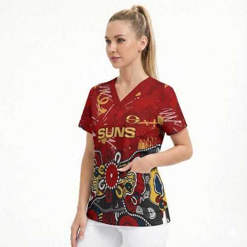 Personalized Gold Coast Suns Scrub Top Aboriginal Dot Painting Graffiti Style