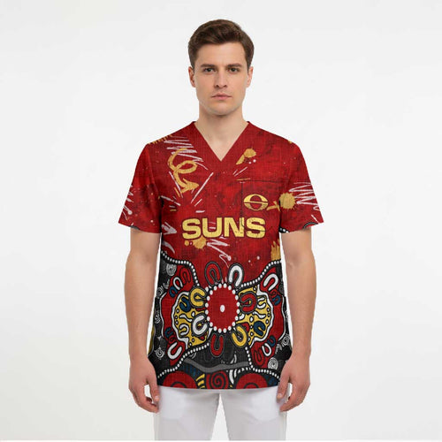 Personalized Gold Coast Suns Scrub Top Aboriginal Dot Painting Graffiti Style