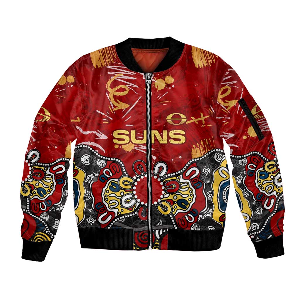 Personalized Gold Coast Suns Sleeve Zip Bomber Jacket Aboriginal Dot Painting Graffiti Style