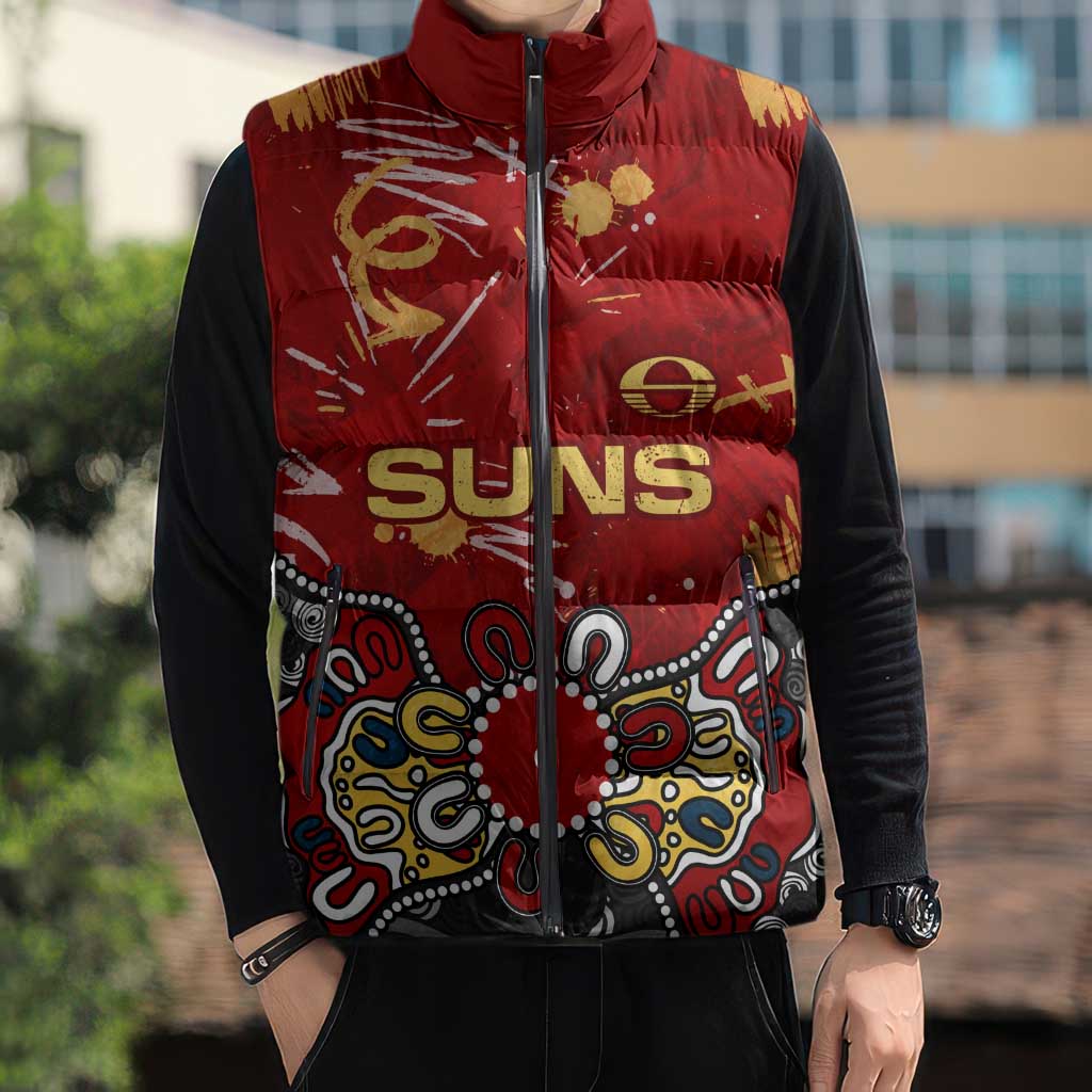 Personalized Gold Coast Suns Sleeveless Puffer Jacket Aboriginal Dot Painting Graffiti Style