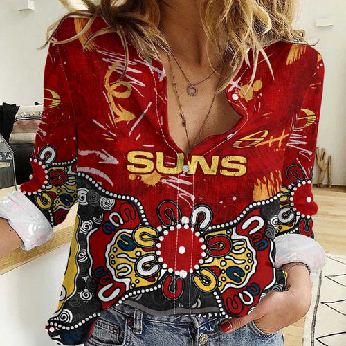 Personalized Gold Coast Suns Women Casual Shirt Aboriginal Dot Painting Graffiti Style