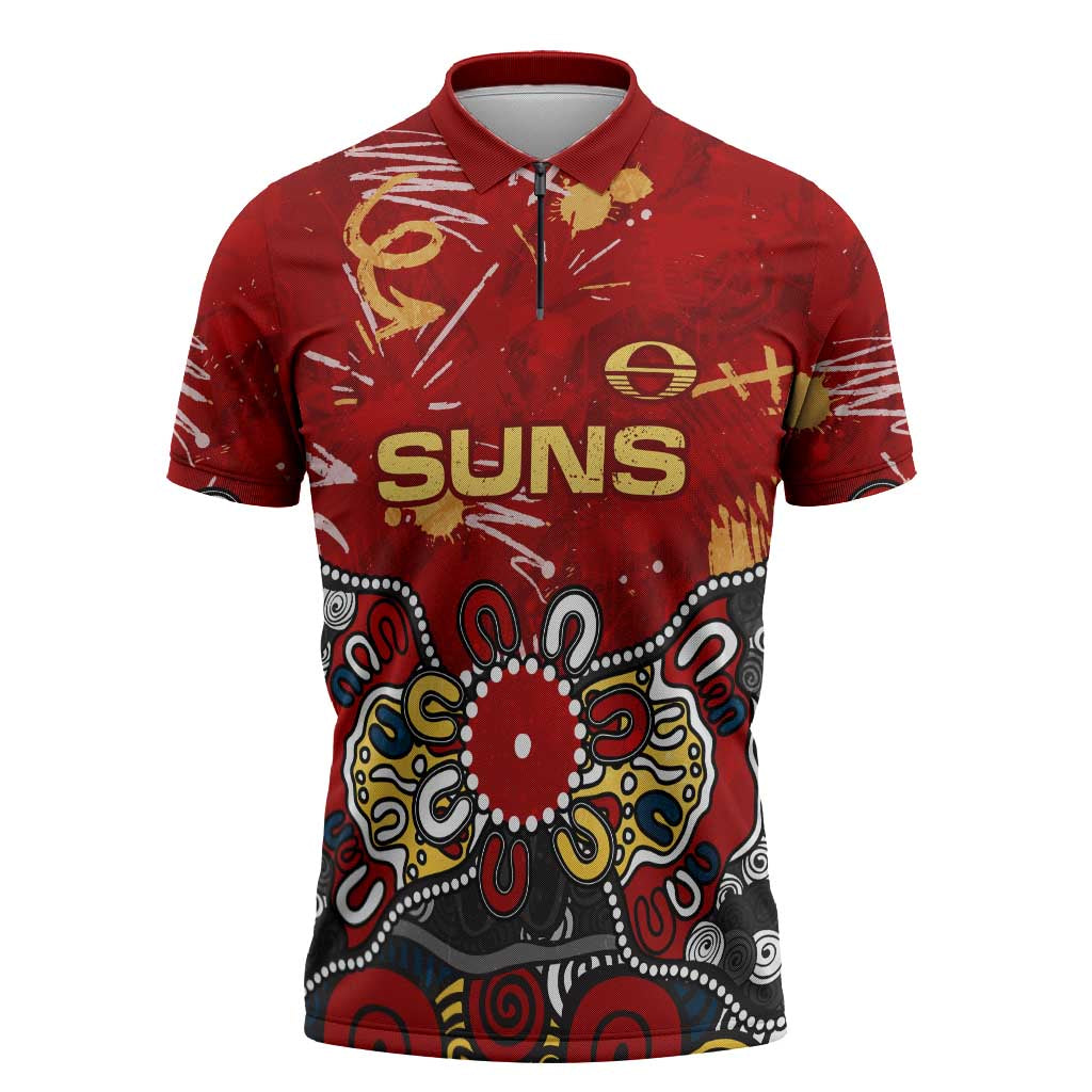 Personalized Gold Coast Suns Zipper Polo Shirt Aboriginal Dot Painting Graffiti Style
