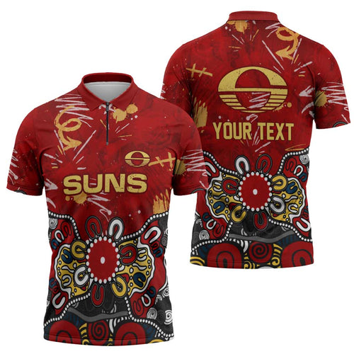 Personalized Gold Coast Suns Zipper Polo Shirt Aboriginal Dot Painting Graffiti Style