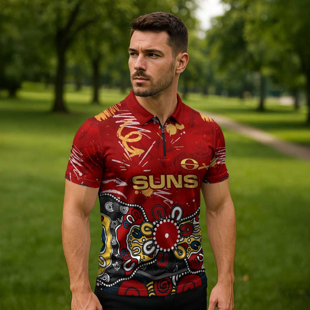 Personalized Gold Coast Suns Zipper Polo Shirt Aboriginal Dot Painting Graffiti Style