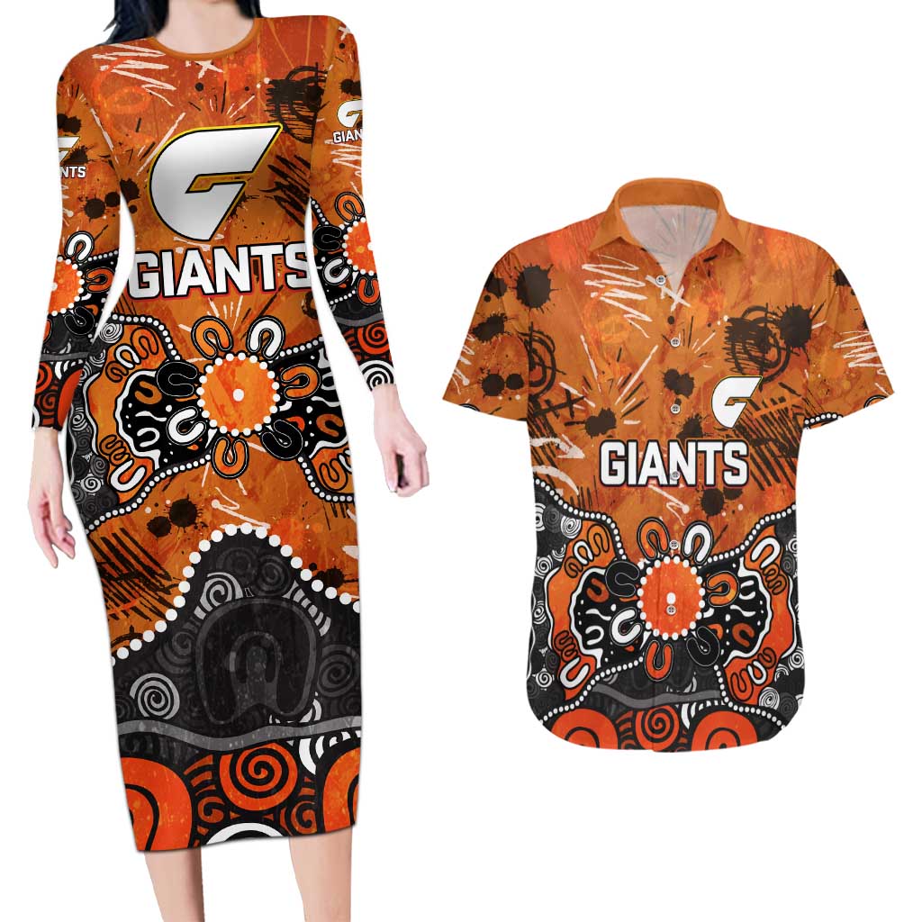 Personalized Greater Western Sydney Giants Couples Matching Long Sleeve Bodycon Dress and Hawaiian Shirt Aboriginal Dot Painting Graffiti Style