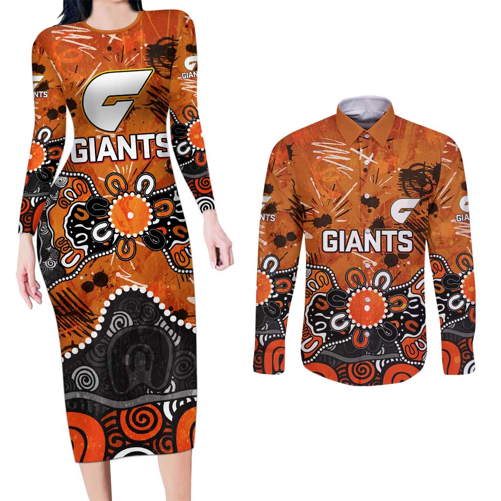 Personalized Greater Western Sydney Giants Couples Matching Long Sleeve Bodycon Dress and Long Sleeve Button Shirt Aboriginal Dot Painting Graffiti Style
