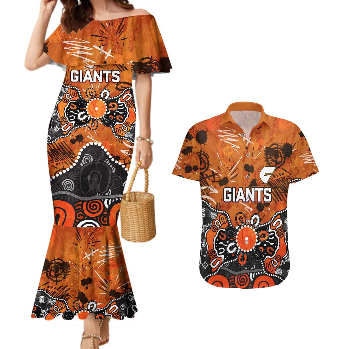Personalized Greater Western Sydney Giants Couples Matching Mermaid Dress and Hawaiian Shirt Aboriginal Dot Painting Graffiti Style