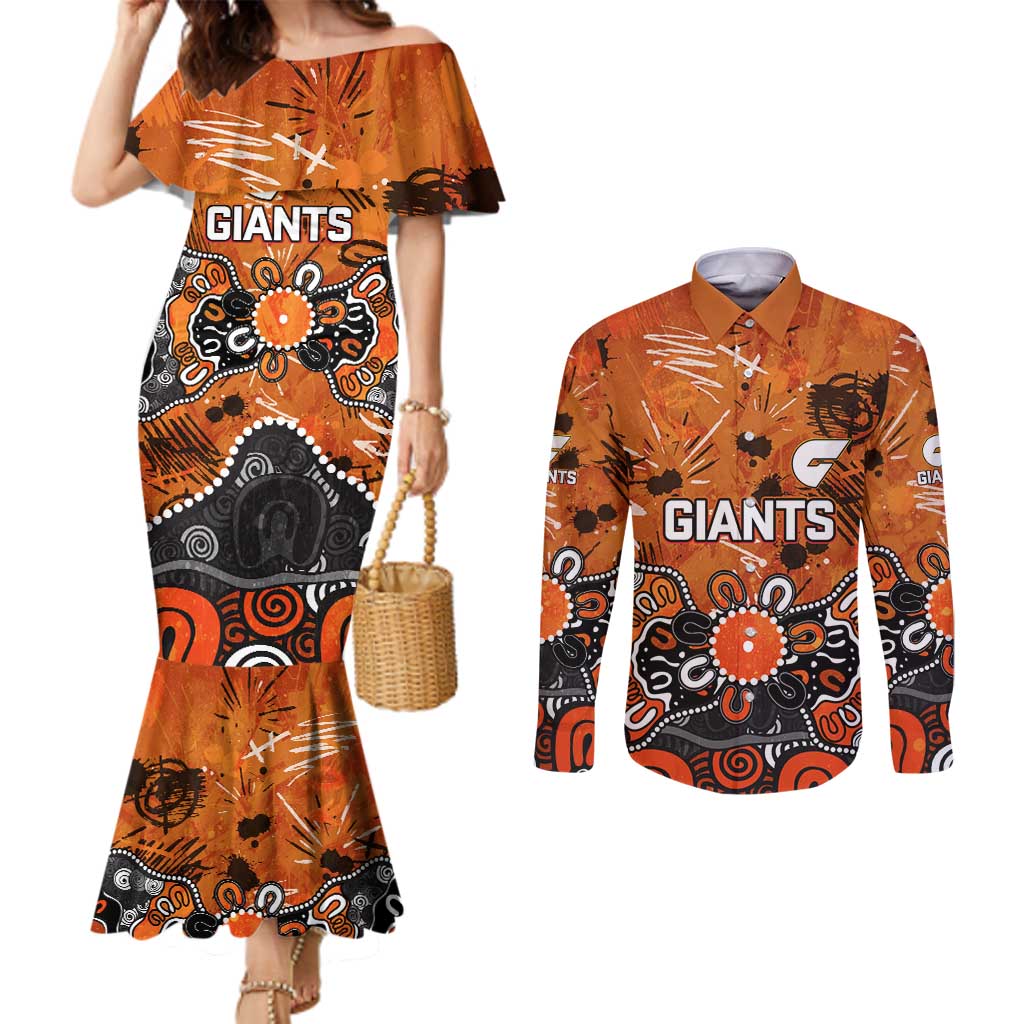 Personalized Greater Western Sydney Giants Couples Matching Mermaid Dress and Long Sleeve Button Shirt Aboriginal Dot Painting Graffiti Style