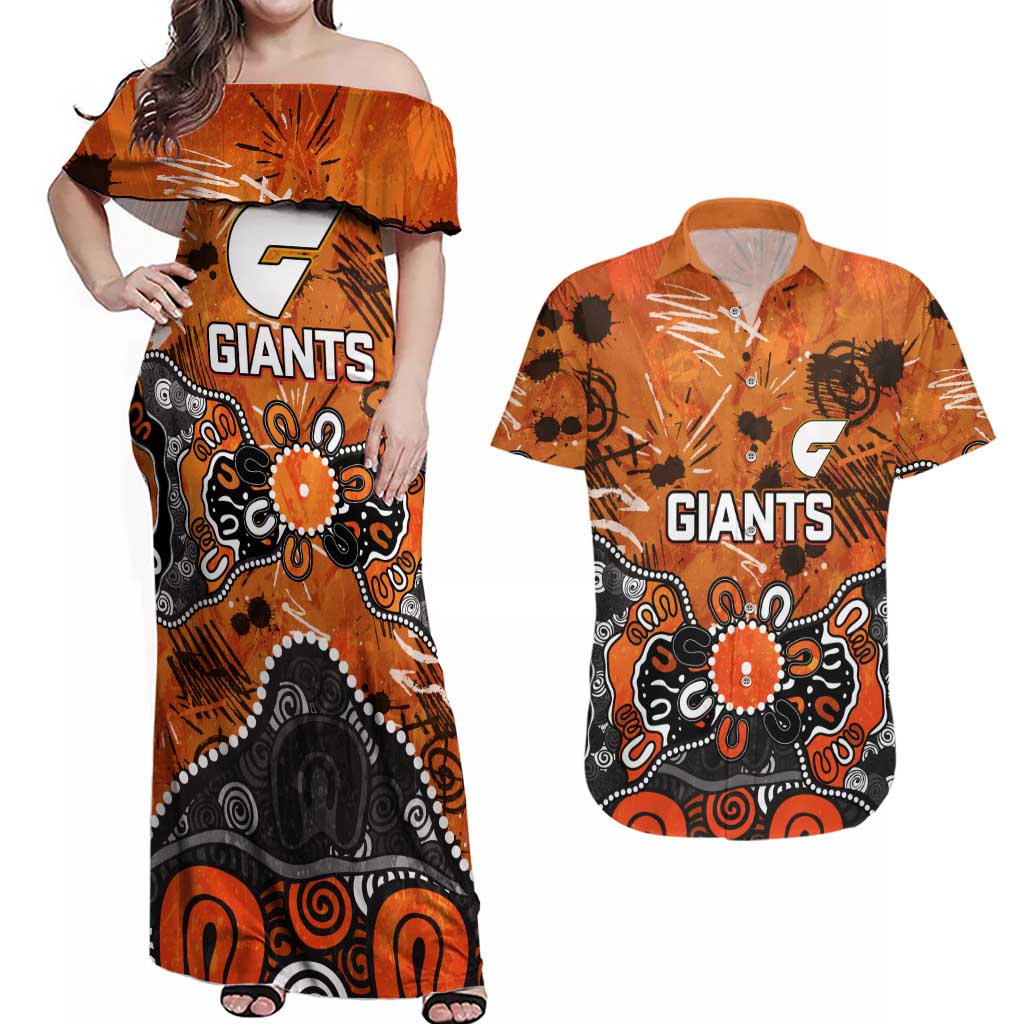 Personalized Greater Western Sydney Giants Couples Matching Off Shoulder Maxi Dress and Hawaiian Shirt Aboriginal Dot Painting Graffiti Style