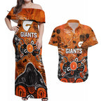 Personalized Greater Western Sydney Giants Couples Matching Off Shoulder Maxi Dress and Hawaiian Shirt Aboriginal Dot Painting Graffiti Style