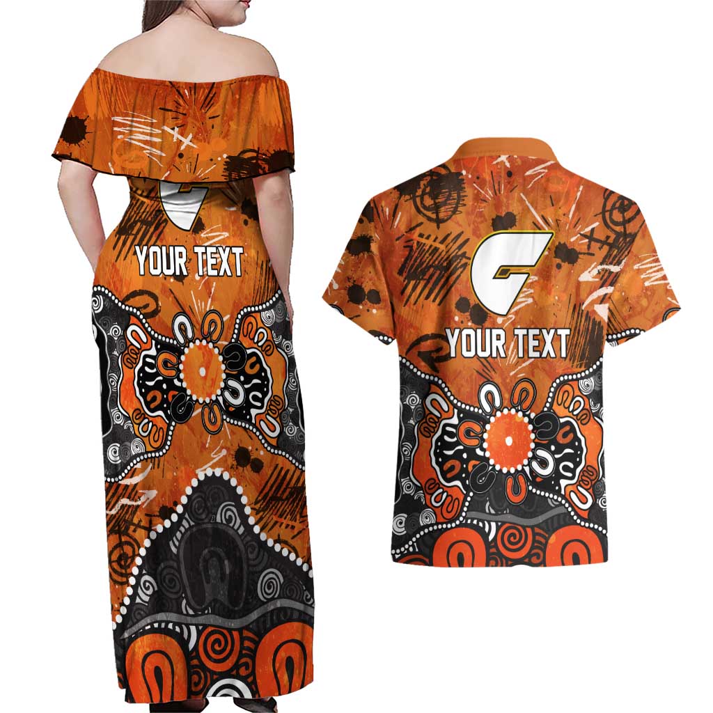 Personalized Greater Western Sydney Giants Couples Matching Off Shoulder Maxi Dress and Hawaiian Shirt Aboriginal Dot Painting Graffiti Style