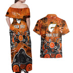 Personalized Greater Western Sydney Giants Couples Matching Off Shoulder Maxi Dress and Hawaiian Shirt Aboriginal Dot Painting Graffiti Style