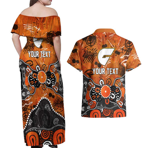 Personalized Greater Western Sydney Giants Couples Matching Off Shoulder Maxi Dress and Hawaiian Shirt Aboriginal Dot Painting Graffiti Style