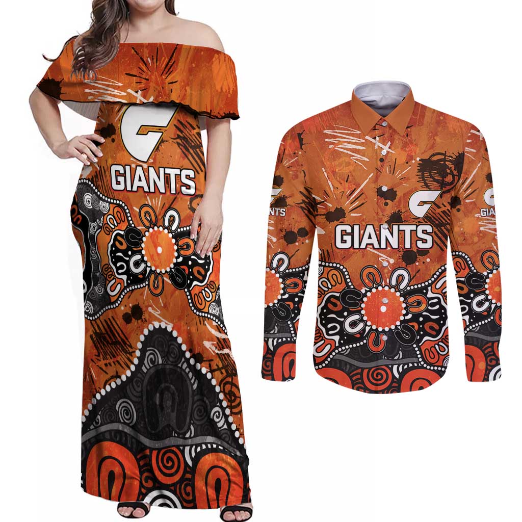 Personalized Greater Western Sydney Giants Couples Matching Off Shoulder Maxi Dress and Long Sleeve Button Shirt Aboriginal Dot Painting Graffiti Style