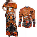 Personalized Greater Western Sydney Giants Couples Matching Off Shoulder Maxi Dress and Long Sleeve Button Shirt Aboriginal Dot Painting Graffiti Style