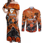 Personalized Greater Western Sydney Giants Couples Matching Off Shoulder Maxi Dress and Long Sleeve Button Shirt Aboriginal Dot Painting Graffiti Style