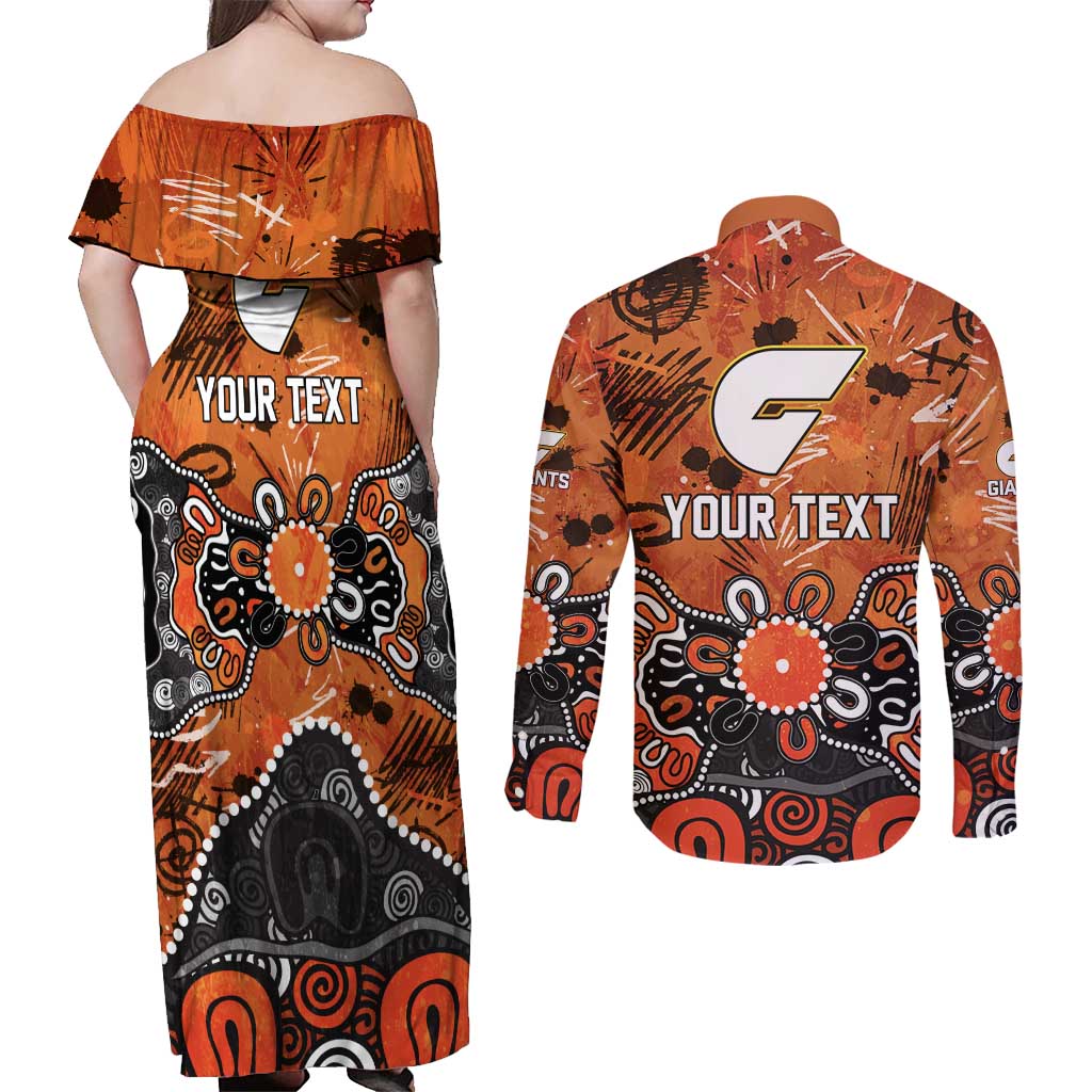Personalized Greater Western Sydney Giants Couples Matching Off Shoulder Maxi Dress and Long Sleeve Button Shirt Aboriginal Dot Painting Graffiti Style