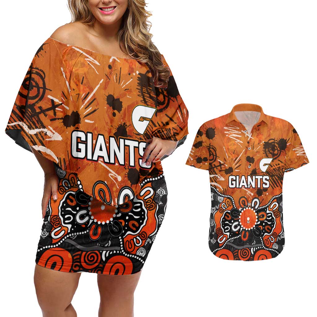 Personalized Greater Western Sydney Giants Couples Matching Off Shoulder Short Dress and Hawaiian Shirt Aboriginal Dot Painting Graffiti Style
