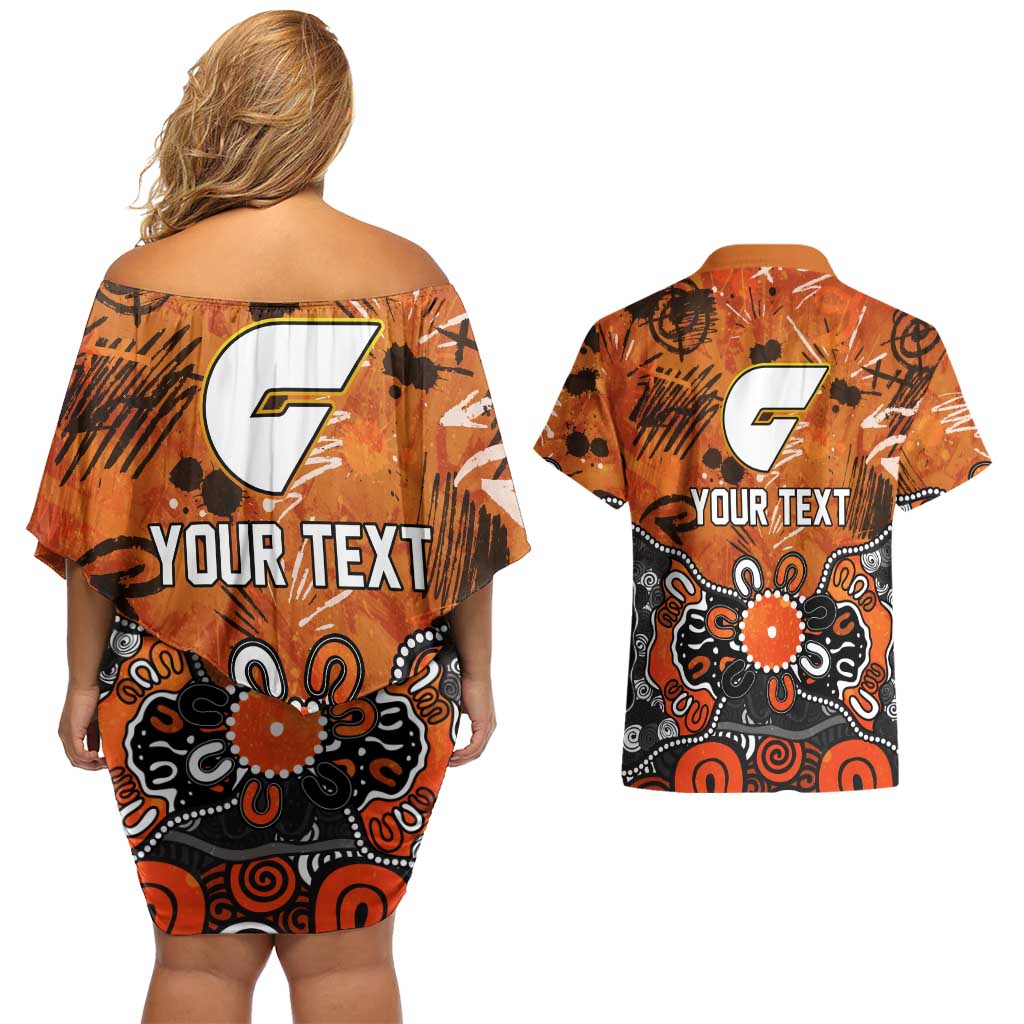 Personalized Greater Western Sydney Giants Couples Matching Off Shoulder Short Dress and Hawaiian Shirt Aboriginal Dot Painting Graffiti Style
