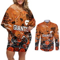 Personalized Greater Western Sydney Giants Couples Matching Off Shoulder Short Dress and Long Sleeve Button Shirt Aboriginal Dot Painting Graffiti Style