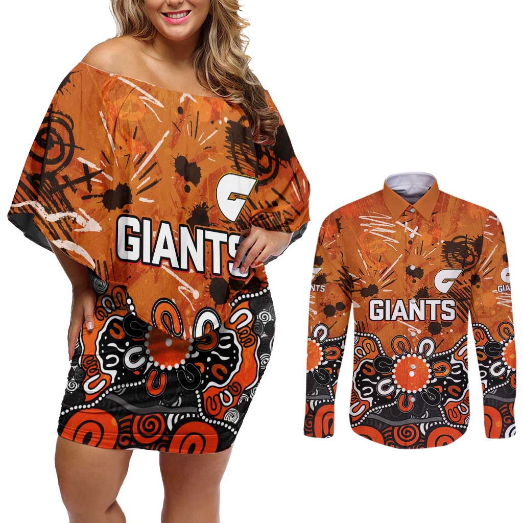 Personalized Greater Western Sydney Giants Couples Matching Off Shoulder Short Dress and Long Sleeve Button Shirt Aboriginal Dot Painting Graffiti Style