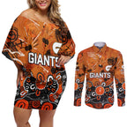 Personalized Greater Western Sydney Giants Couples Matching Off Shoulder Short Dress and Long Sleeve Button Shirt Aboriginal Dot Painting Graffiti Style