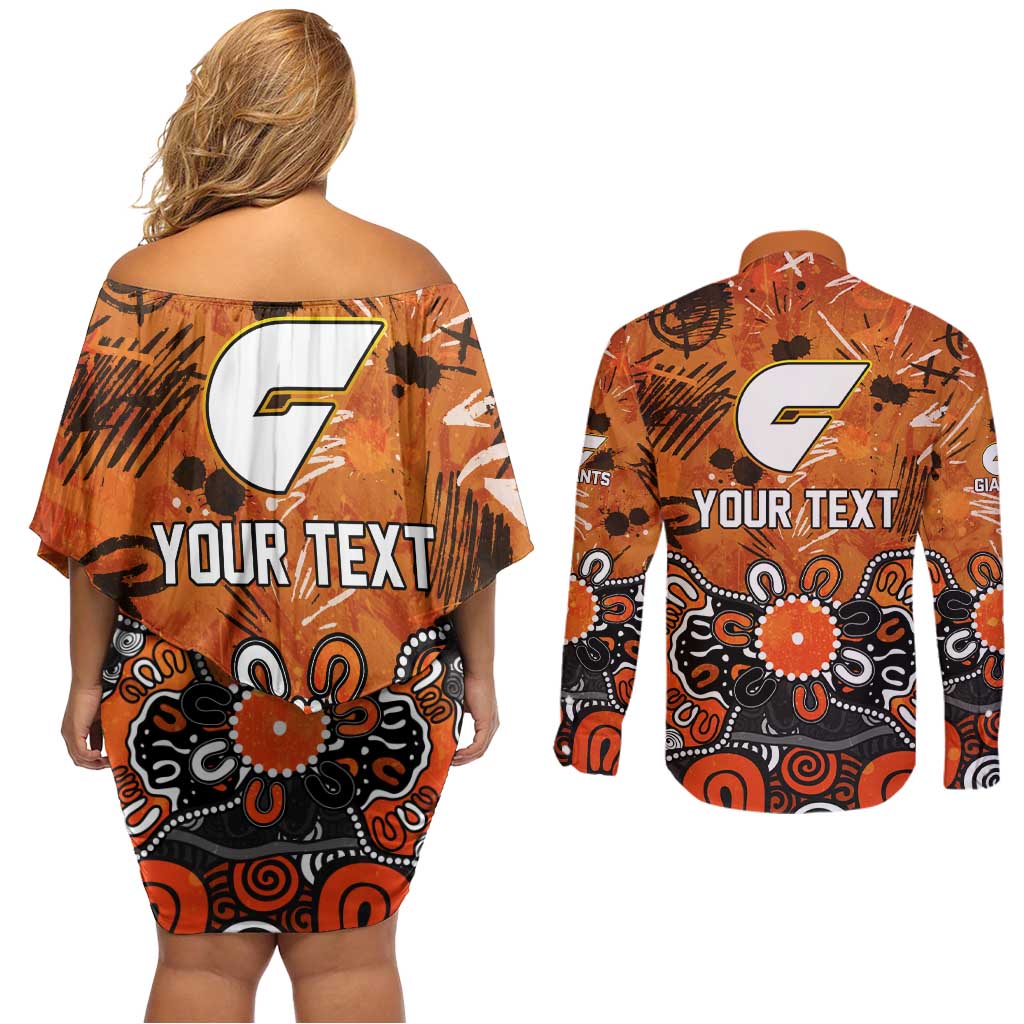 Personalized Greater Western Sydney Giants Couples Matching Off Shoulder Short Dress and Long Sleeve Button Shirt Aboriginal Dot Painting Graffiti Style