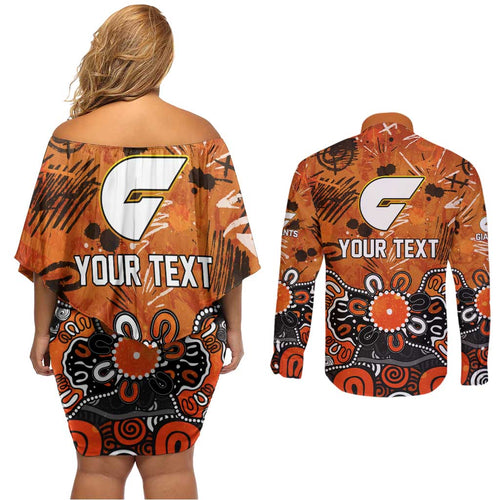 Personalized Greater Western Sydney Giants Couples Matching Off Shoulder Short Dress and Long Sleeve Button Shirt Aboriginal Dot Painting Graffiti Style