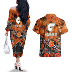 Personalized Greater Western Sydney Giants Couples Matching Off The Shoulder Long Sleeve Dress and Hawaiian Shirt Aboriginal Dot Painting Graffiti Style