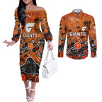 Personalized Greater Western Sydney Giants Couples Matching Off The Shoulder Long Sleeve Dress and Long Sleeve Button Shirt Aboriginal Dot Painting Graffiti Style