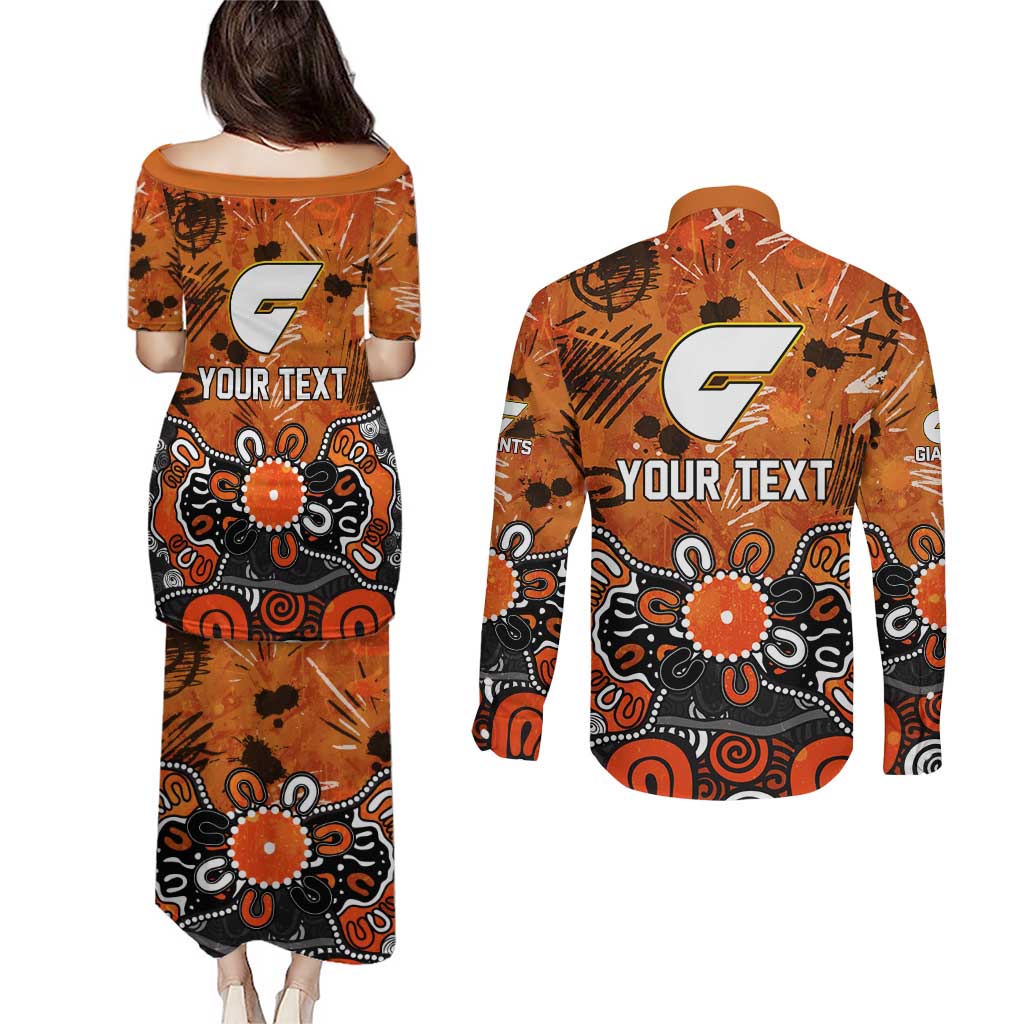 Personalized Greater Western Sydney Giants Couples Matching Puletasi and Long Sleeve Button Shirt Aboriginal Dot Painting Graffiti Style