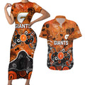 Personalized Greater Western Sydney Giants Couples Matching Short Sleeve Bodycon Dress and Hawaiian Shirt Aboriginal Dot Painting Graffiti Style