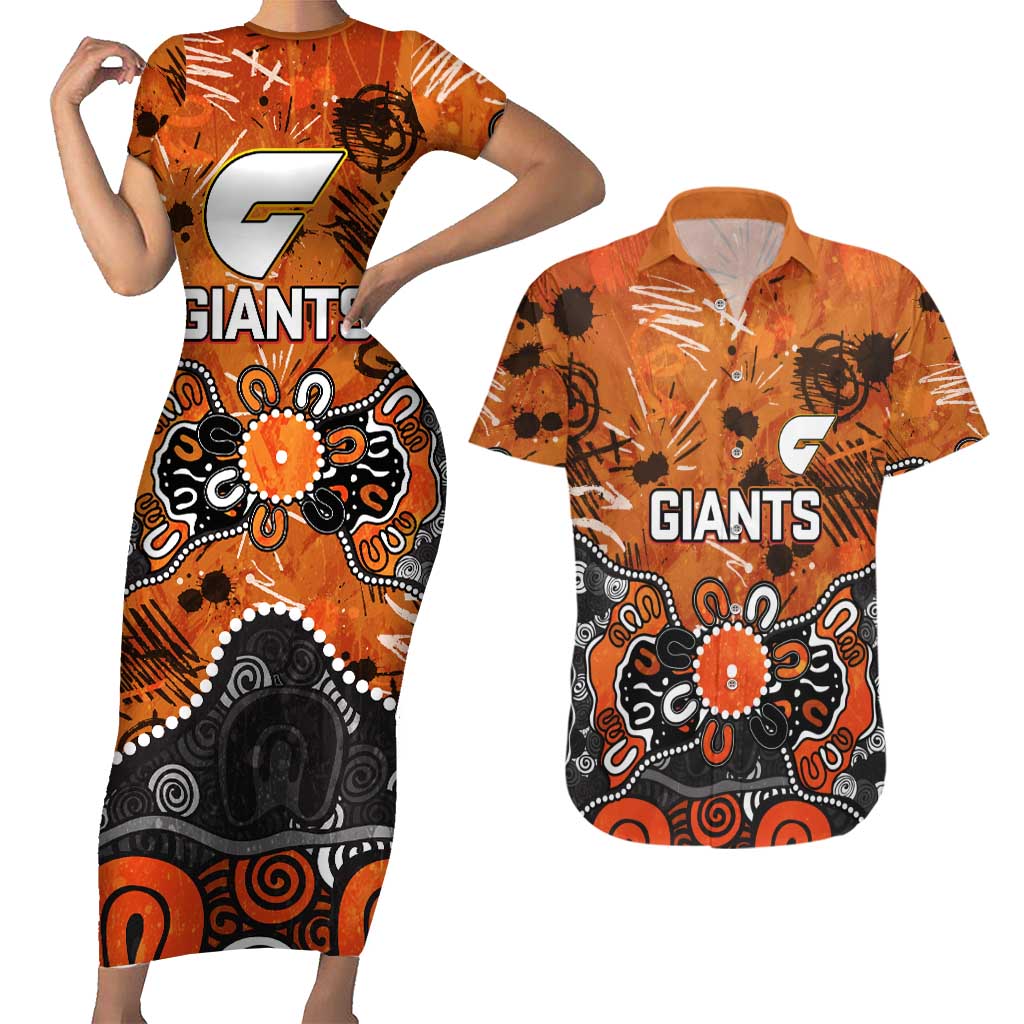 Personalized Greater Western Sydney Giants Couples Matching Short Sleeve Bodycon Dress and Hawaiian Shirt Aboriginal Dot Painting Graffiti Style