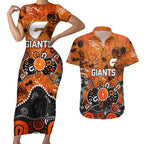 Personalized Greater Western Sydney Giants Couples Matching Short Sleeve Bodycon Dress and Hawaiian Shirt Aboriginal Dot Painting Graffiti Style