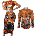 Personalized Greater Western Sydney Giants Couples Matching Short Sleeve Bodycon Dress and Long Sleeve Button Shirt Aboriginal Dot Painting Graffiti Style