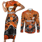 Personalized Greater Western Sydney Giants Couples Matching Short Sleeve Bodycon Dress and Long Sleeve Button Shirt Aboriginal Dot Painting Graffiti Style