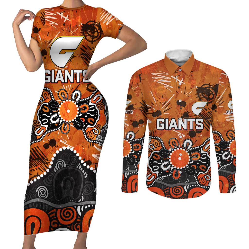 Personalized Greater Western Sydney Giants Couples Matching Short Sleeve Bodycon Dress and Long Sleeve Button Shirt Aboriginal Dot Painting Graffiti Style